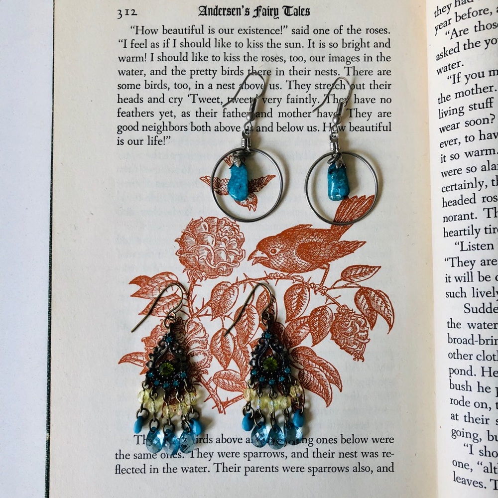 Lot of 2 turquoise and crystal chandelier earrings